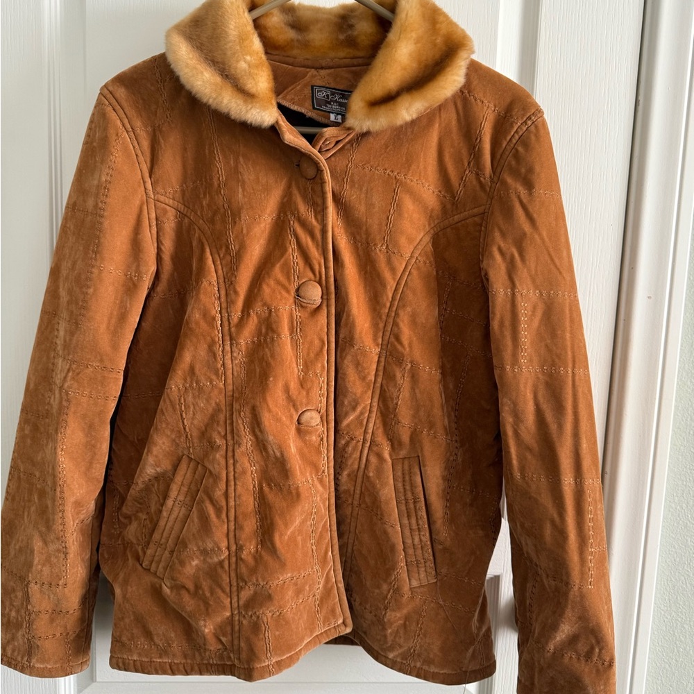 Women's Vintage Tan Suede Jacket with Faux Fur Collar